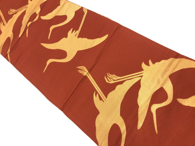 リサイクル　織悦製鶴模様織出し全通袋帯（額縁仕立て）